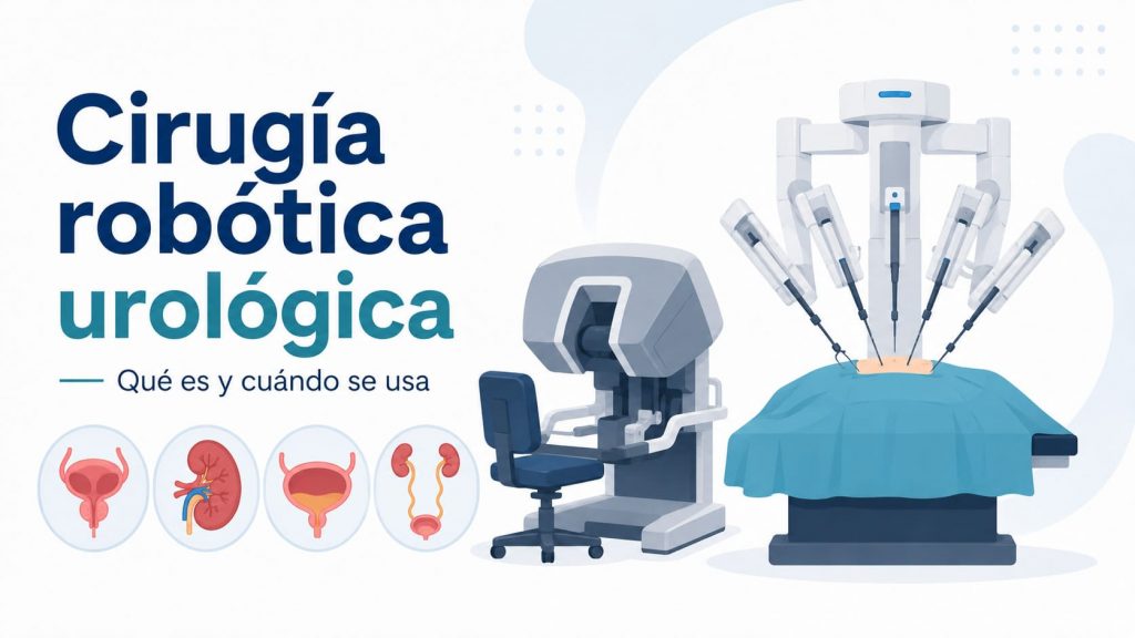 Infografía de portada sobre cirugía robótica urológica, qué es y cuándo se usa en próstata, riñón, vejiga y vías urinarias