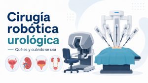 Infografía de portada sobre cirugía robótica urológica, qué es y cuándo se usa en próstata, riñón, vejiga y vías urinarias