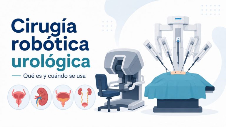 Infografía de portada sobre cirugía robótica urológica, qué es y cuándo se usa en próstata, riñón, vejiga y vías urinarias