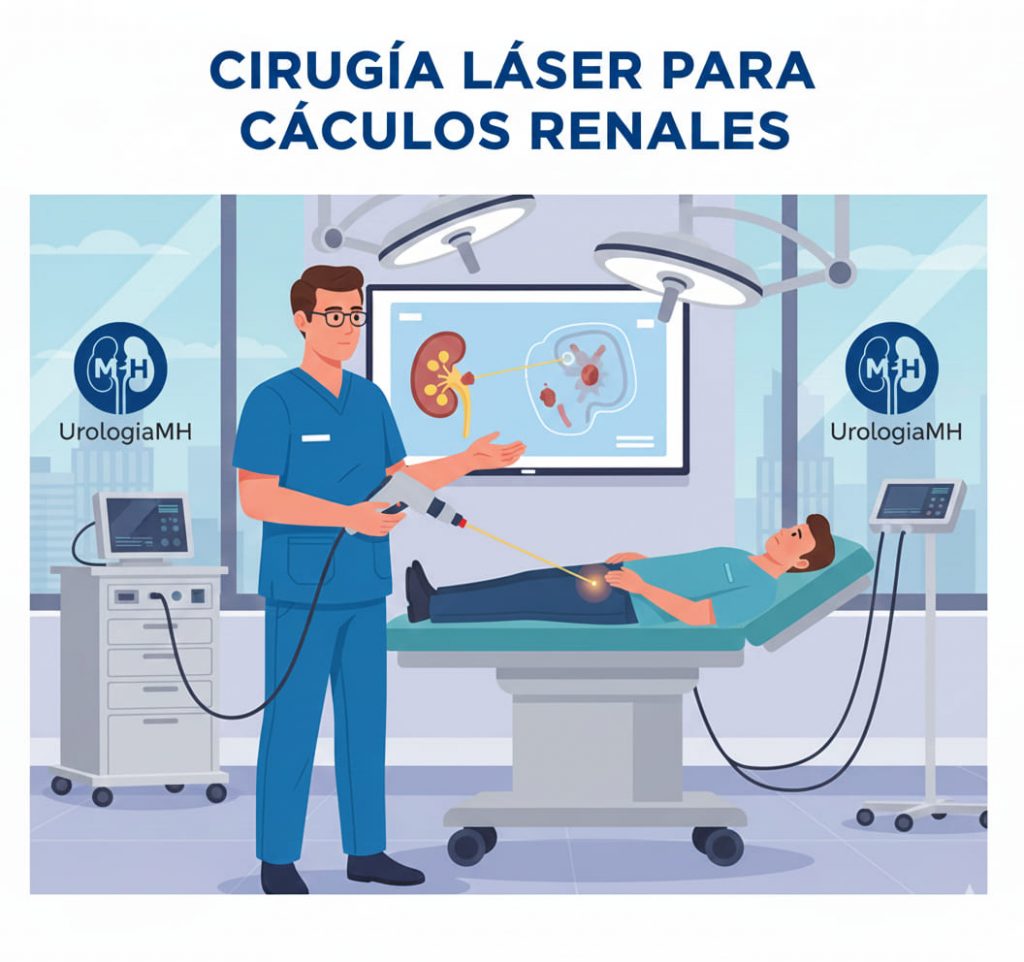 Ilustración médica moderna mostrando la cirugía láser para cálculos renales donde un ureteroscopio flexible accede al riñón para pulverizar una piedra con láser.