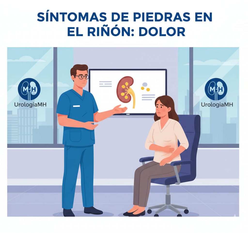 Ilustración de un doctor explicando los principales síntomas de piedras en el riñón y la ubicación del dolor a una paciente en el consultorio.