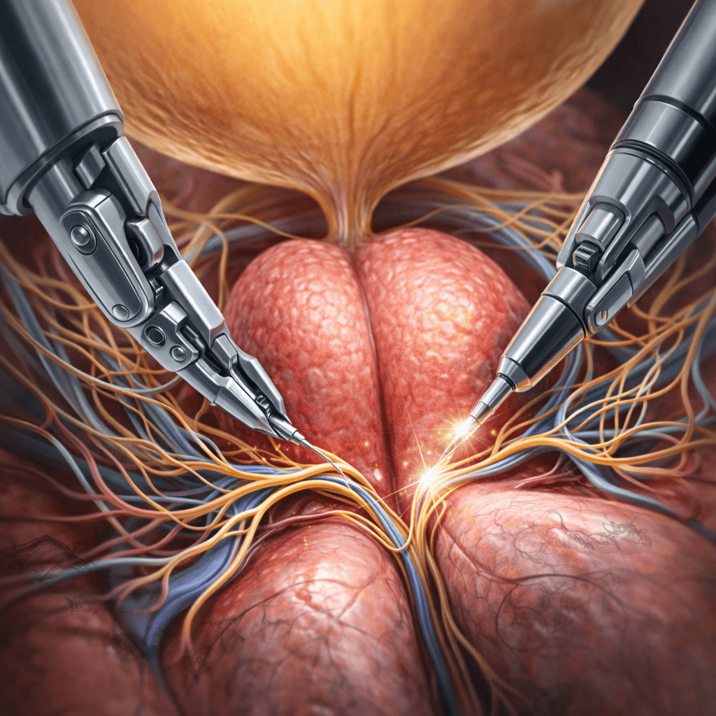 Ilustración médica de la precisión en la preservación de nervios prostáticos