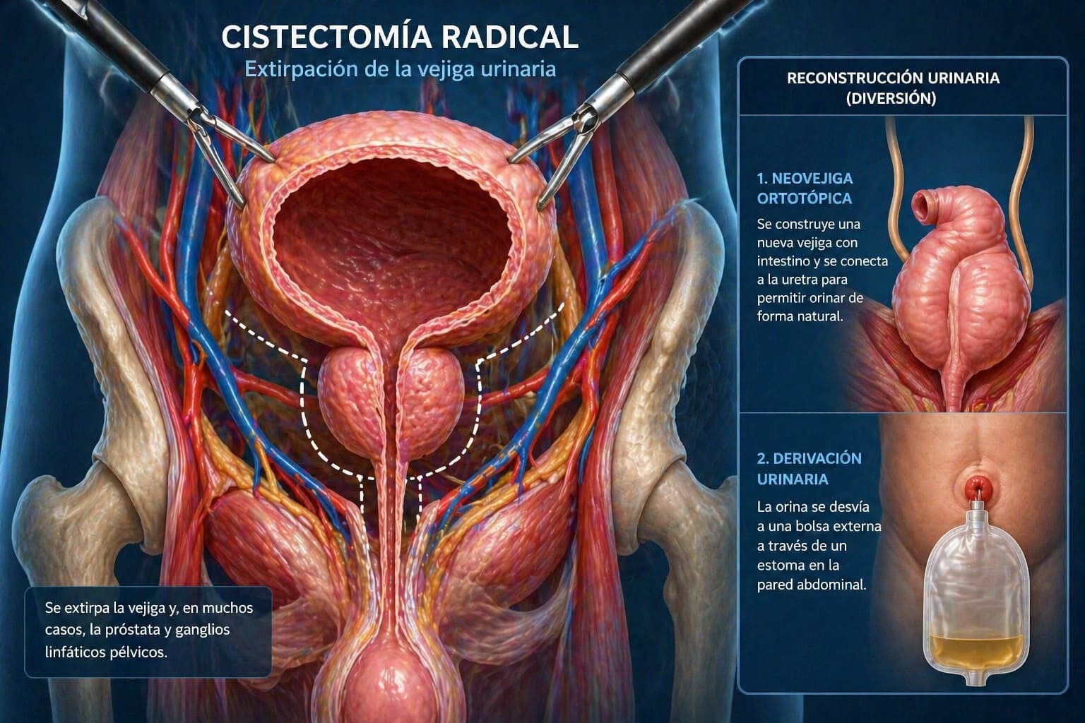 Cistectomía radical con extirpación de vejiga y reconstrucción urinaria en cirugía urológica