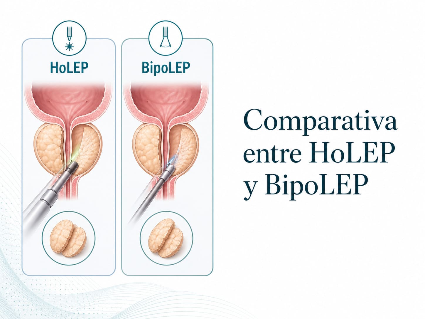 Infografía comparativa entre HoLEP y BipoLEP para enucleación prostática en hiperplasia prostática benigna