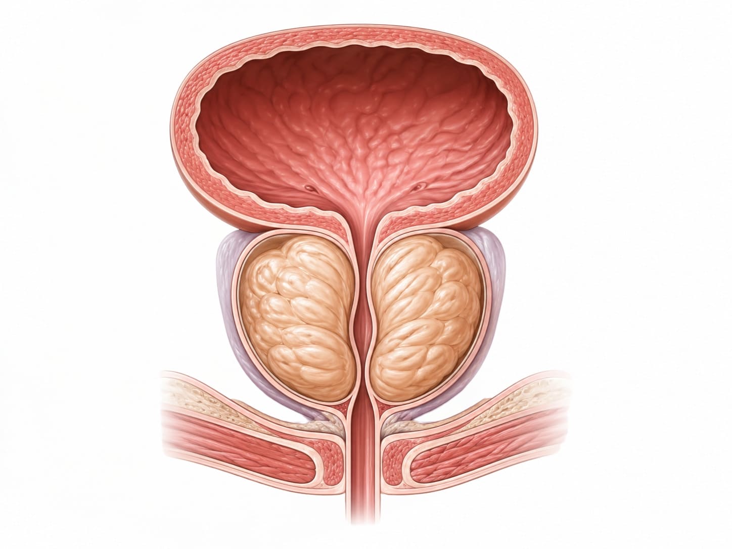 Ilustración anatómica de próstata agrandada por hiperplasia prostática benigna y obstrucción urinaria
