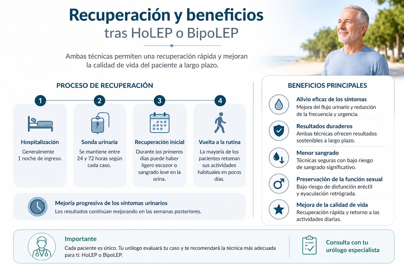 Infografía sobre recuperación y beneficios tras cirugía HoLEP o BipoLEP para hiperplasia prostática benigna