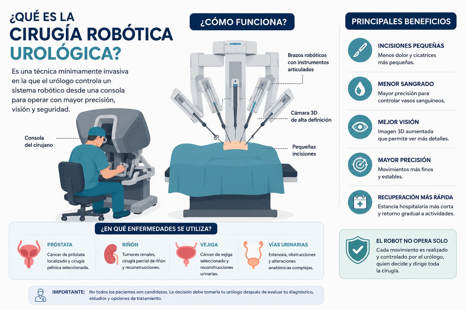infografía sobre qué es la cirugía robótica urológica y cómo funciona